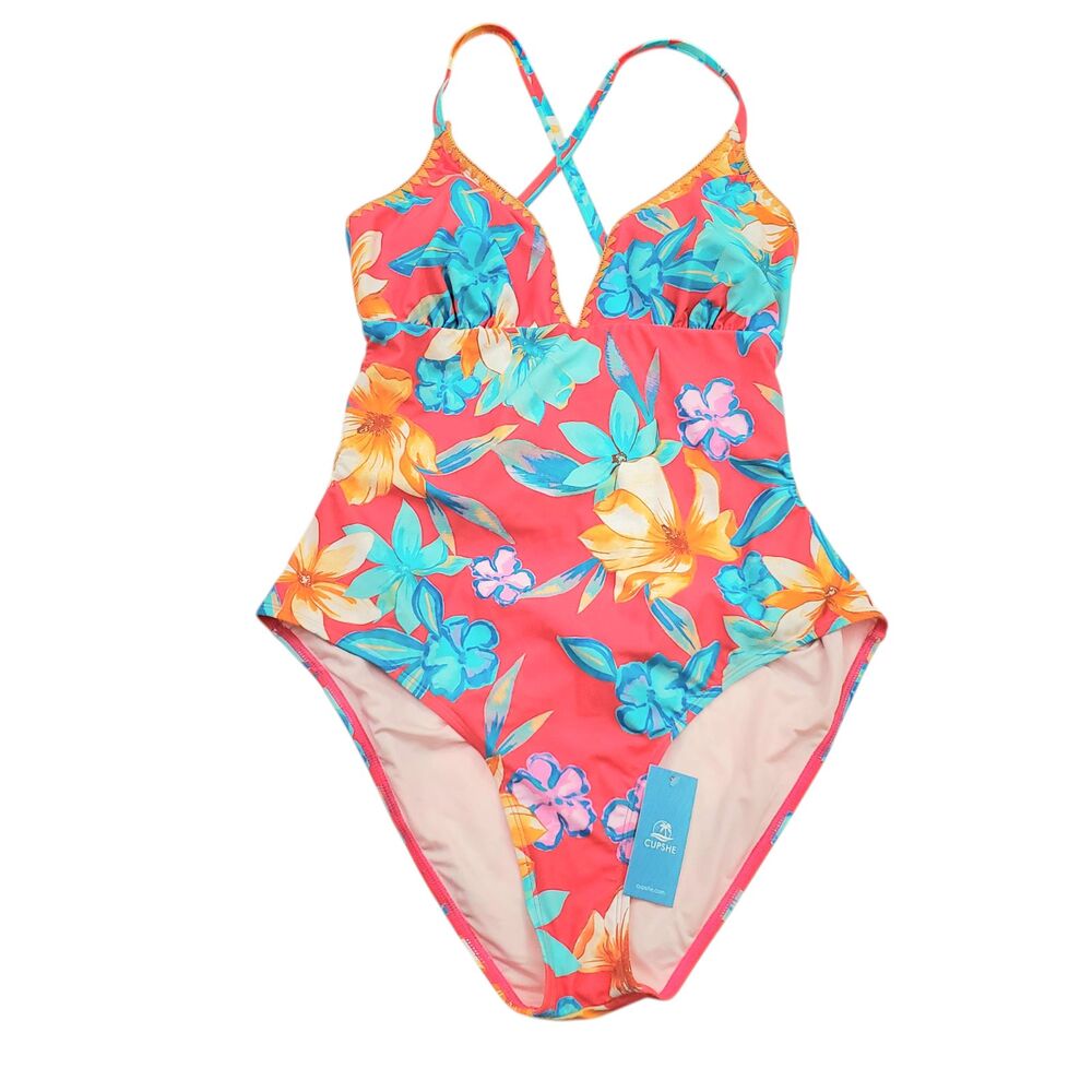 Cupshe Swimsuit Womens XL Pink Tropical Print Lace Up One-Piece Beach Pool